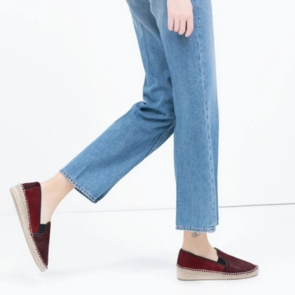 ZARA Burgundy Ponyhair Espadrilles Sneaker Loafers 7.5 Pony Hair Calf Snake